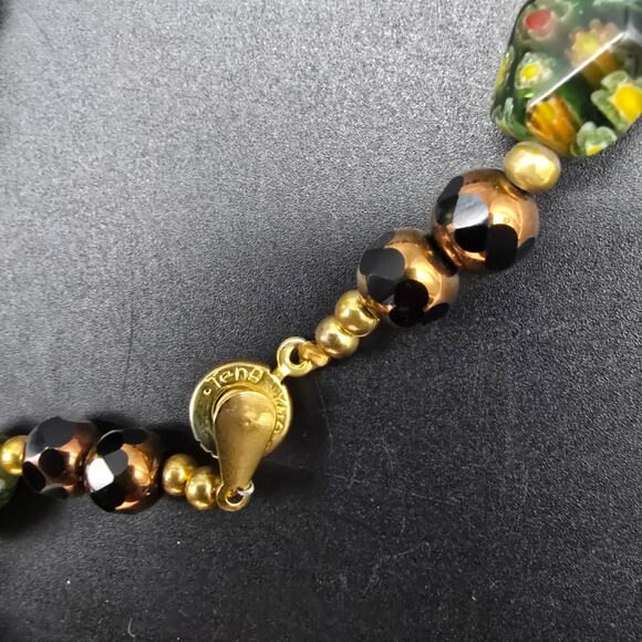 Vintage Teng Yue Green Millefiori Glass Beaded Necklace Floral - Picture 4 of 10